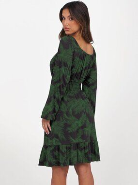 Women's Green Leaf Long Lantern Sleeve Ruffle Flowy Swing A-Line Short Dress